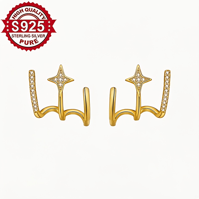 Women's S925 Silver Four-Pointed Star Stud Earrings with Zirconia